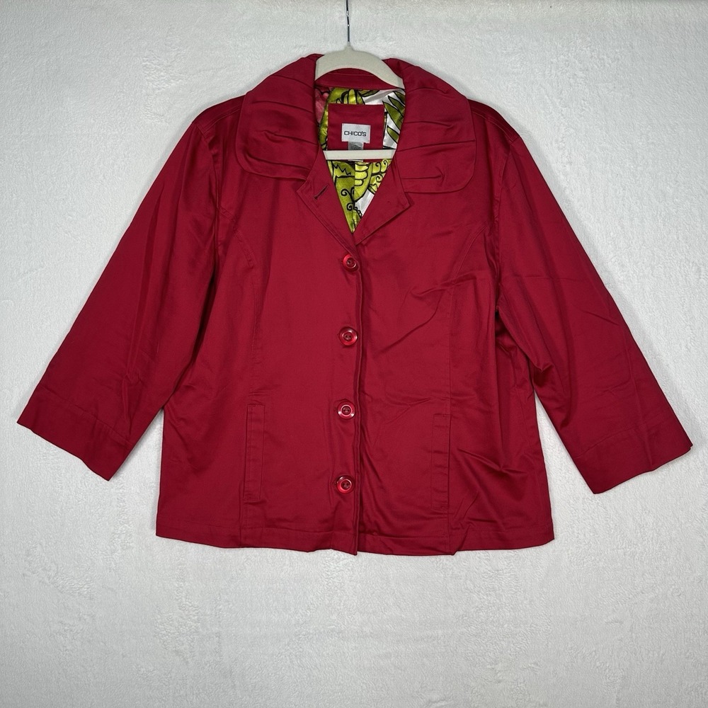 CHICO'S Red Jacket Size 2 L 12‎ Floral Lining Artsy Boho Quiet Luxury Bright Pop